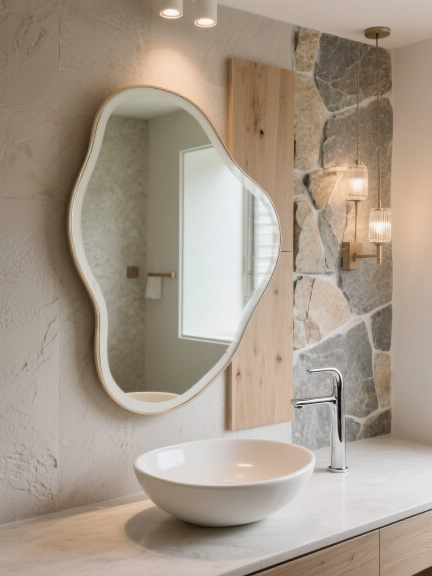 Espelho de formato irregular em lavabo com parede de madeira